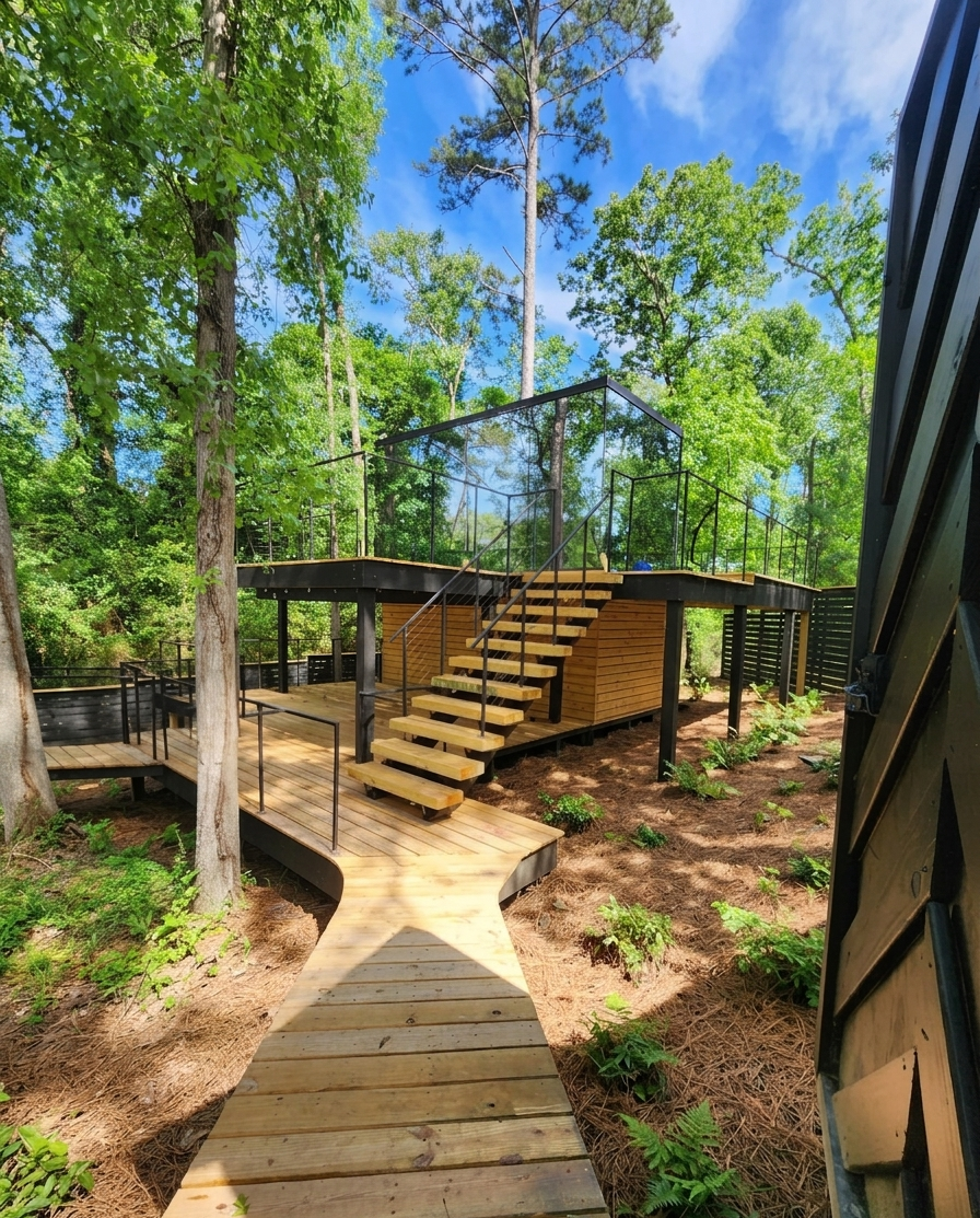 A winding wooden boardwalk leading through the pines to the mirror house