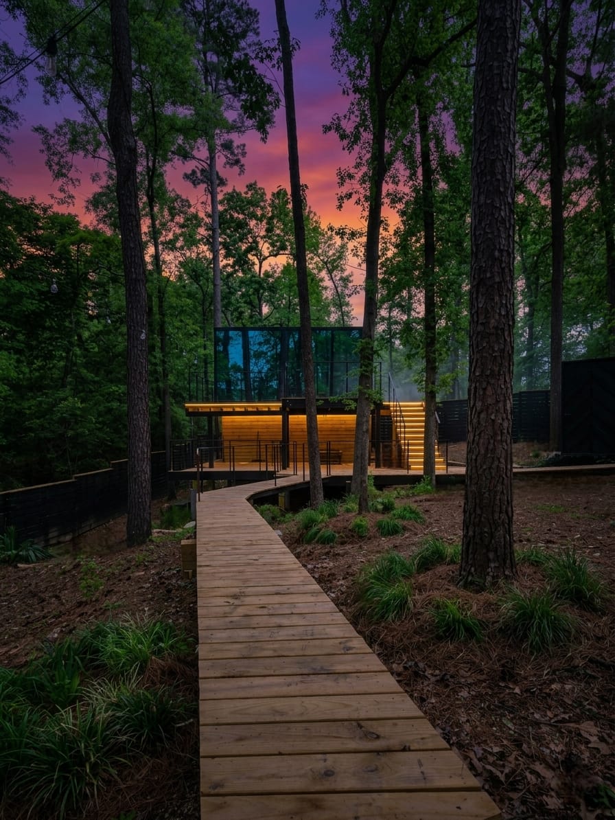 Mirror house at golden hour reflecting Texas pines