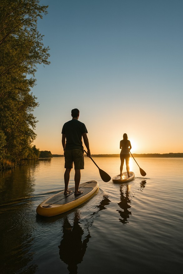 Two paddleboarders on Lake Livingston at sunset