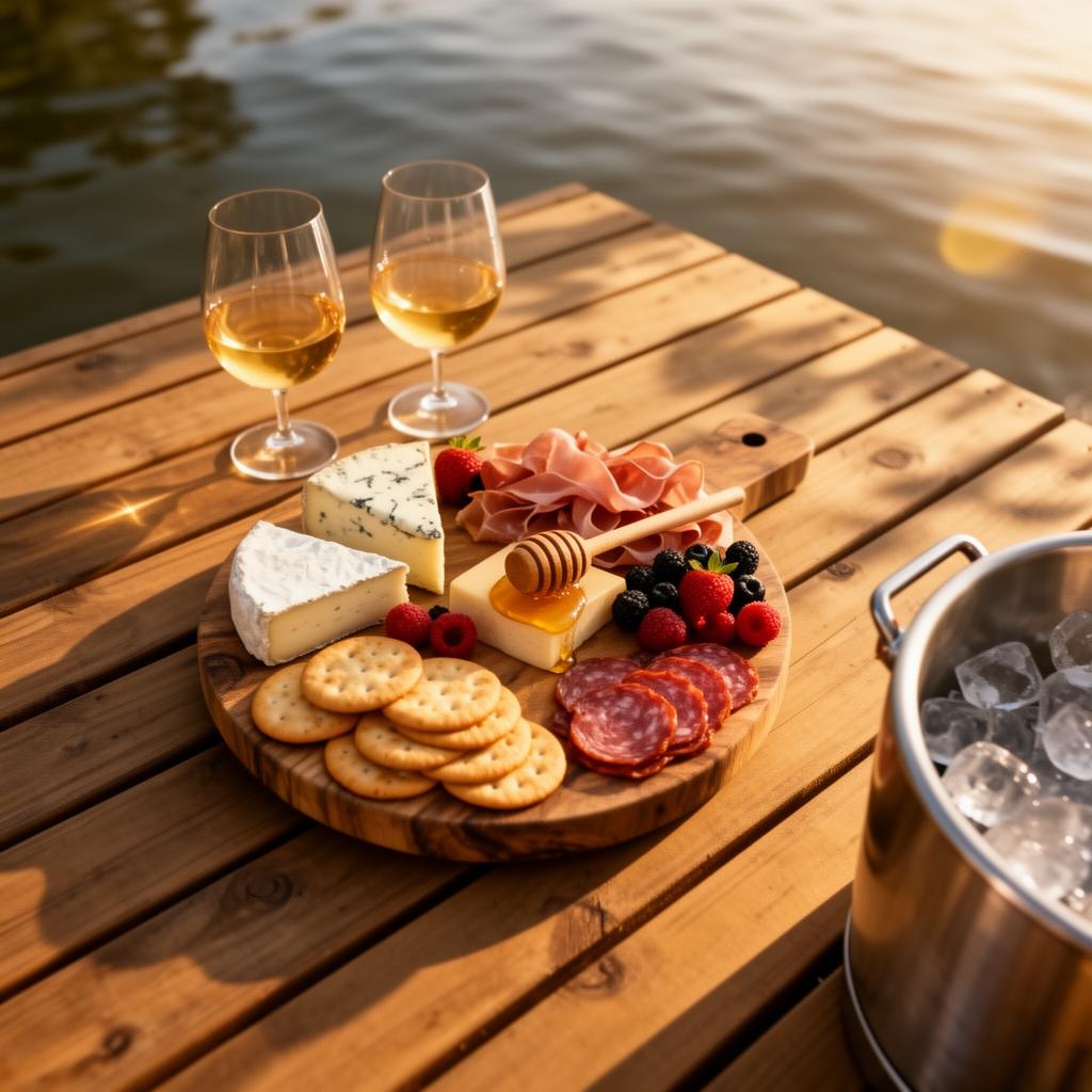 Charcuterie board and chilled drinks on the lake deck