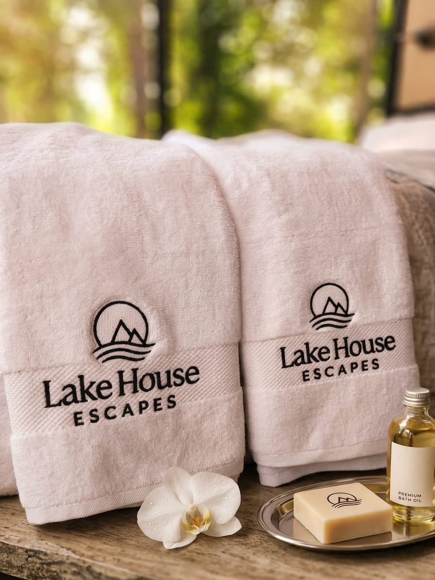 Lake House Escapes branded towels with premium bath oil and artisan soap