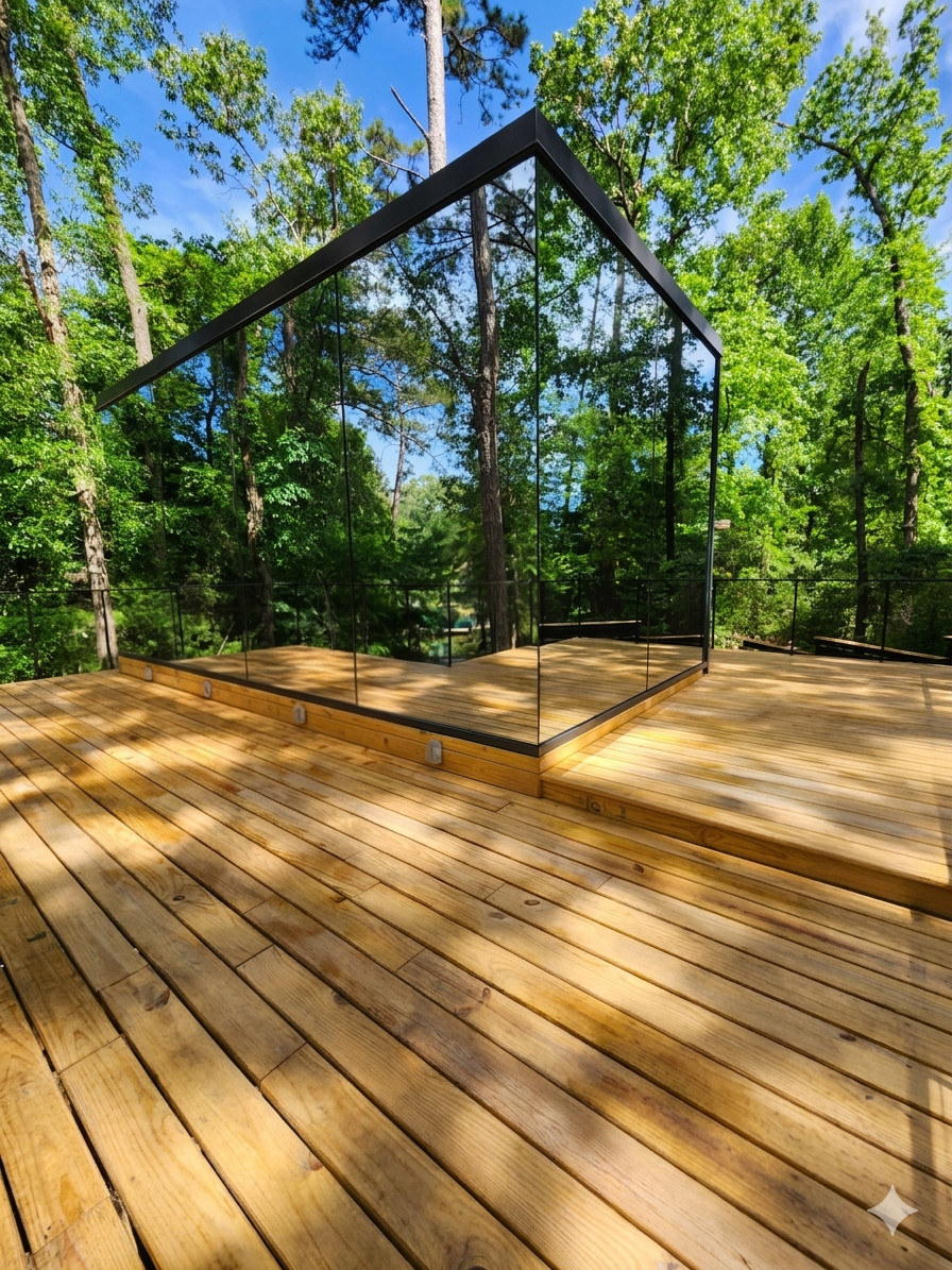 Mirror facade reflecting the surrounding forest