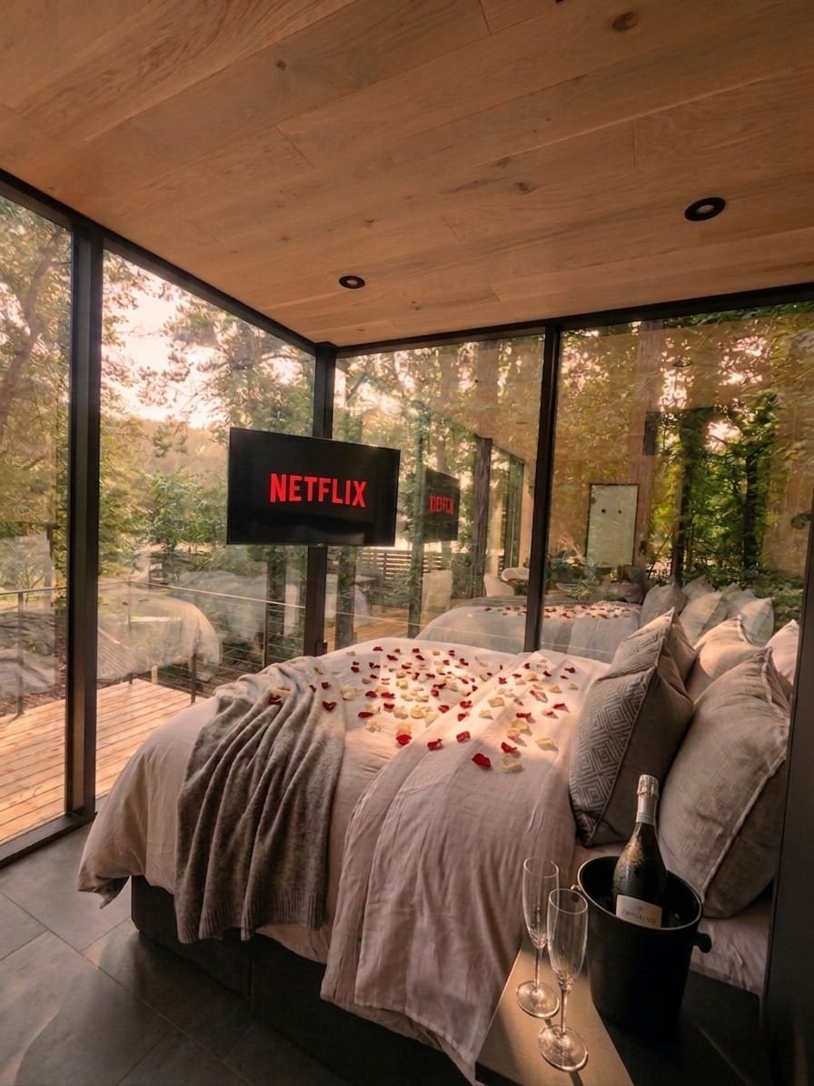 Bed scattered with rose petals, chilled prosecco and crystal flutes at golden hour