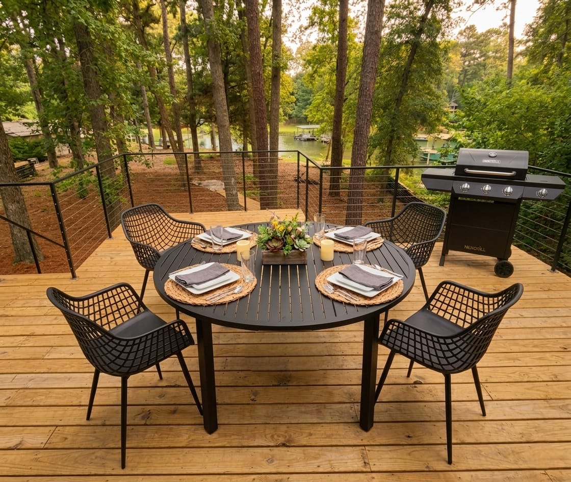 Top deck dining area with BBQ overlooking the lake
