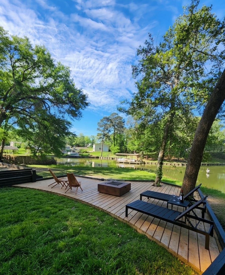 Waterfront deck with firepit and sunloungers overlooking the canal