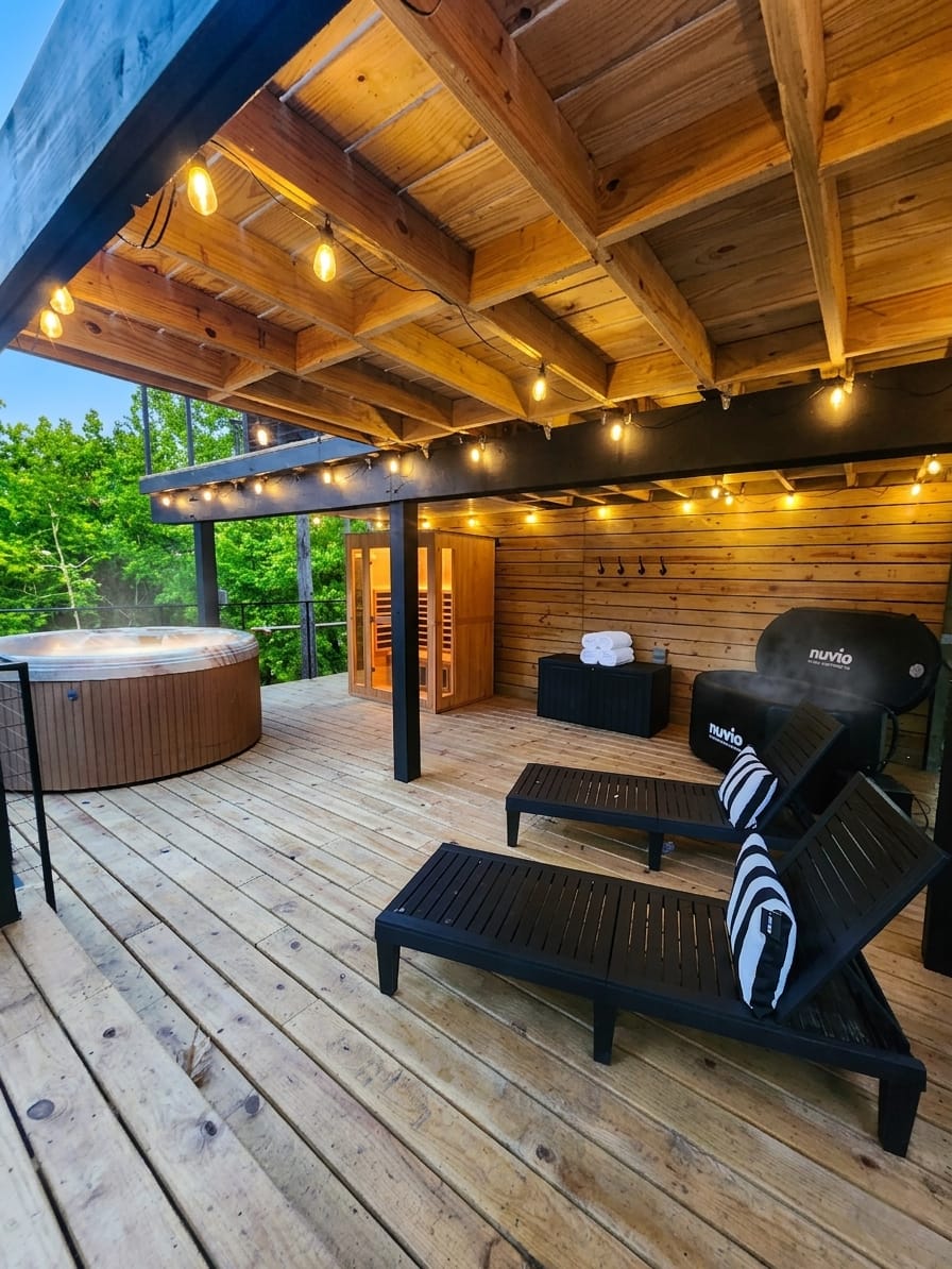 Infrared sauna, cold plunge, hot tub, and loungers on the wellness deck