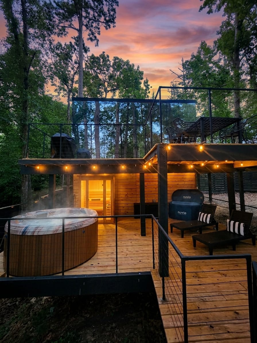 The Wellness Deck at sunset — hot tub, sauna, and under cover deck surrounded by Texas pines